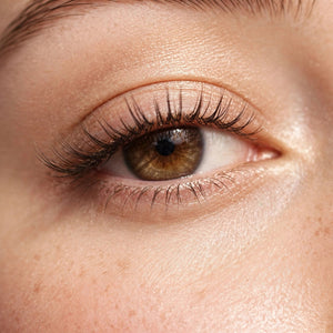 Simple false lashes worn, eye close-up