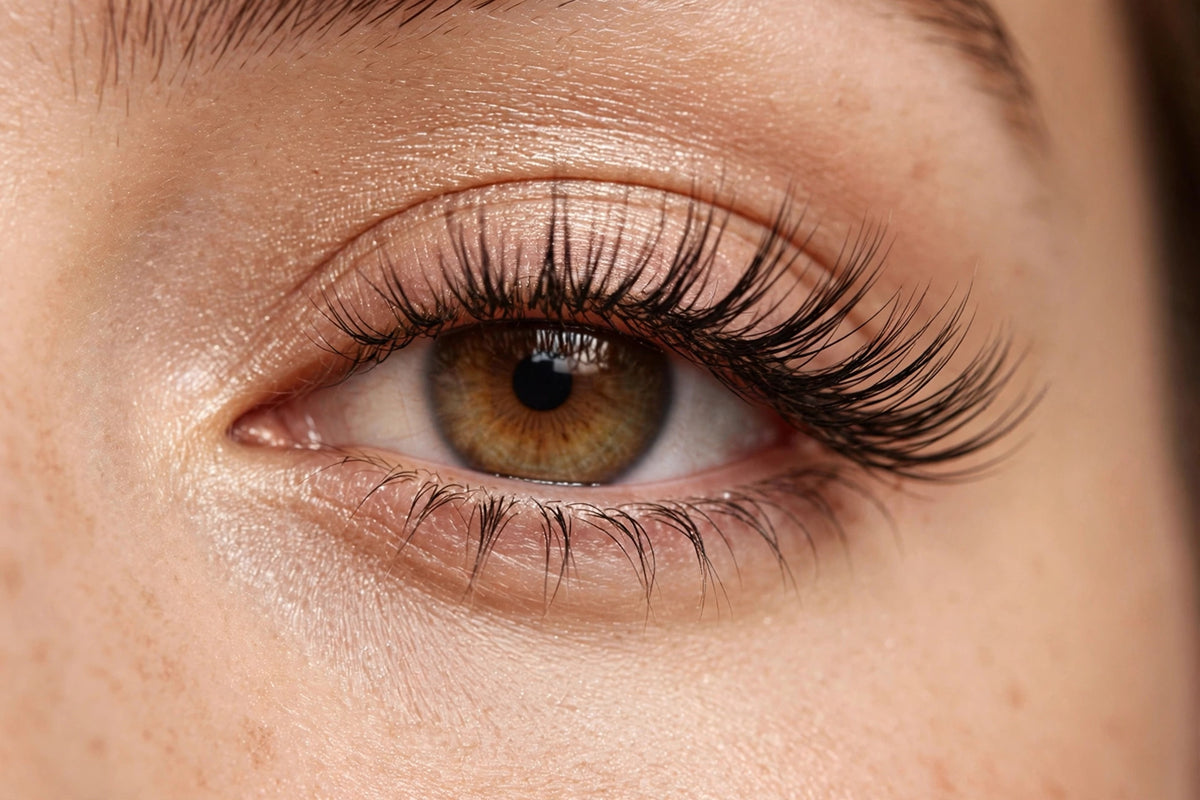 Fluffy 1 false lashes worn, eye close-up