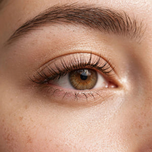 Soft 4 false lashes worn, eye close-up