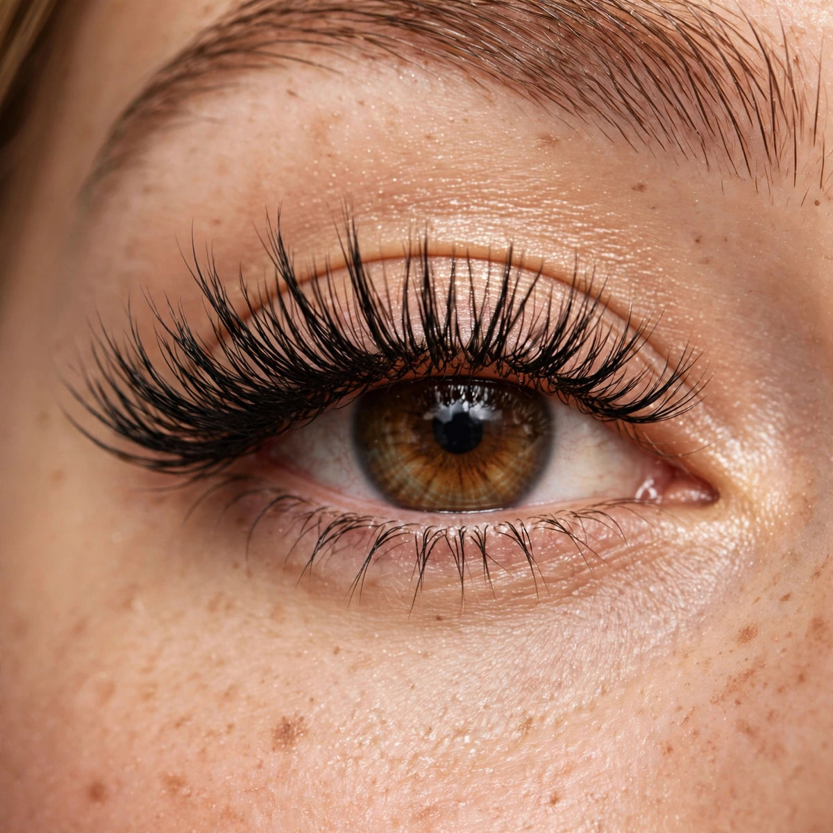 Fluffy 4 false lashes worn, eye close-up