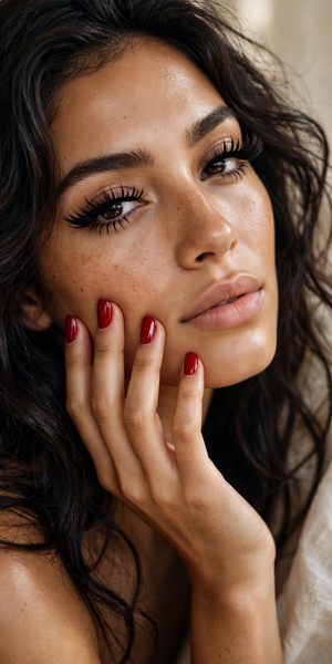 Mix and Match Duo - cherry red nails and winged lashes worn