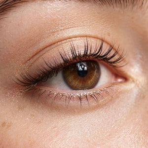 Soft 3 false lashes worn, eye close-up